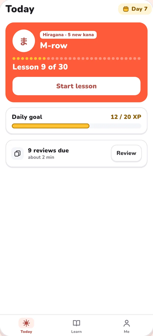 Today screen: the next lesson, the daily goal and reviews due